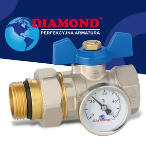 Zawór kulowy motylkowy z dławikiem, termometrem 10 bar 1'' GW x 1 1/4'' GZ i śrubunkiem 1 1/4'' GW x 1'' GZ niebieski
