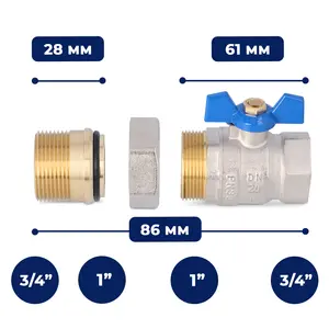 Zawór kulowy motylkowy z dławikiem 30 bar 3/4'' GW x 1'' GZ i śrubunkiem 1'' GW x 3/4'' GZ