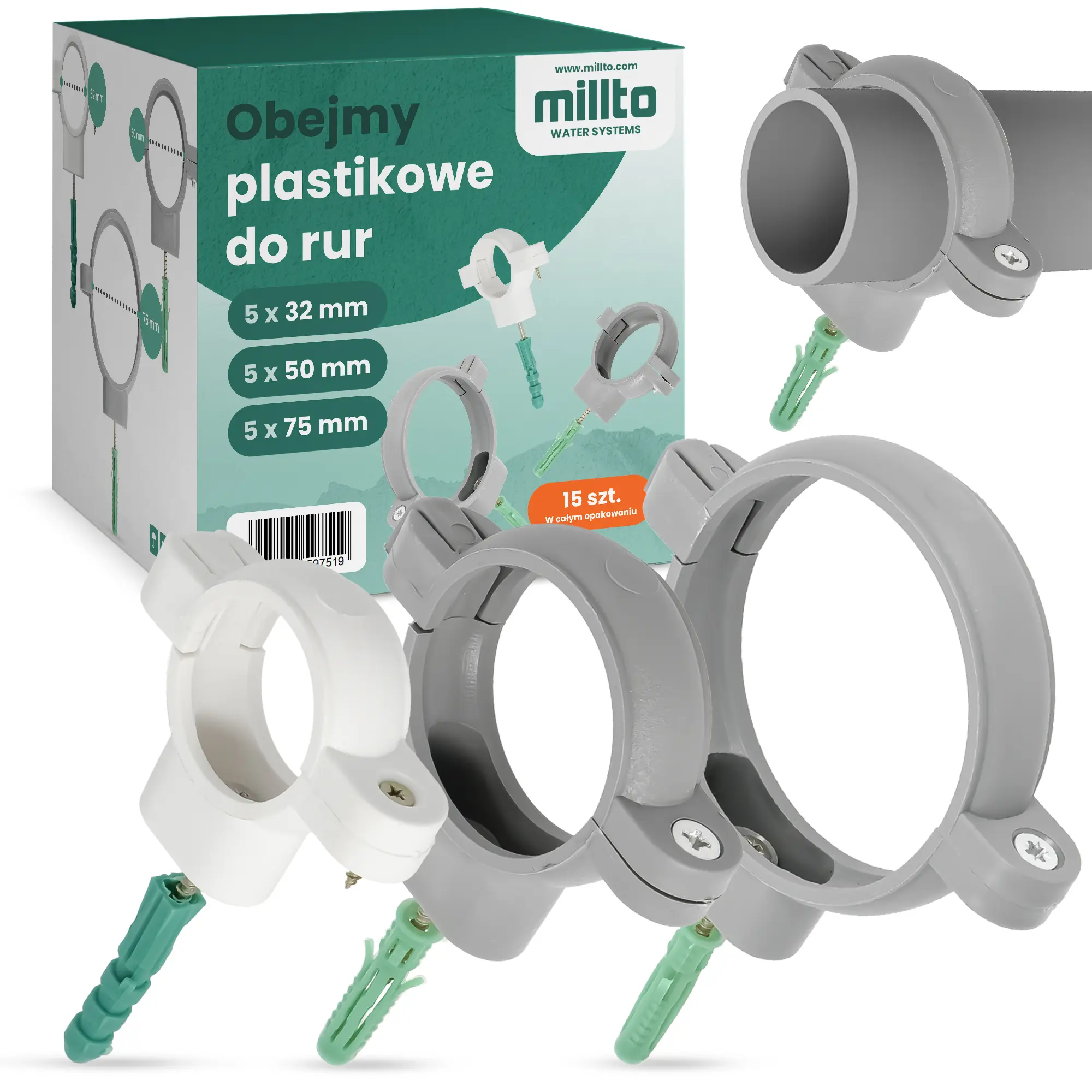 Obejmy plastikowe do rur 32 mm 50 mm 75 mm 3 x 5 szt.