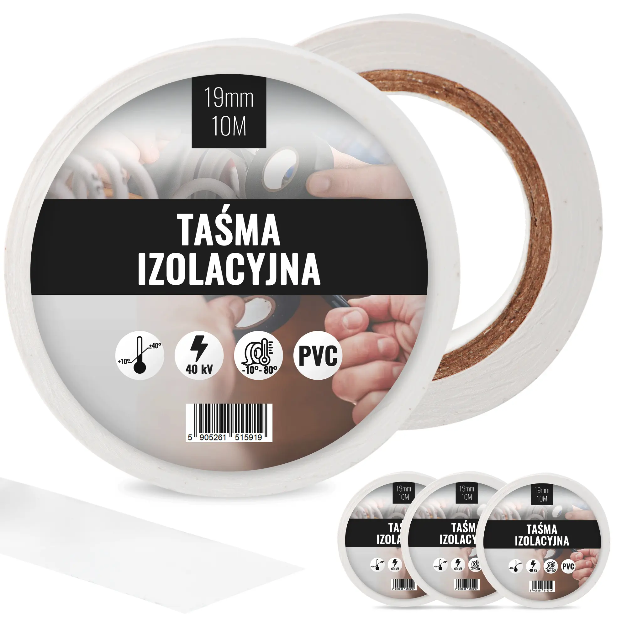  Taśma izolacyjna 19 mm x 10 m biały 3 szt.