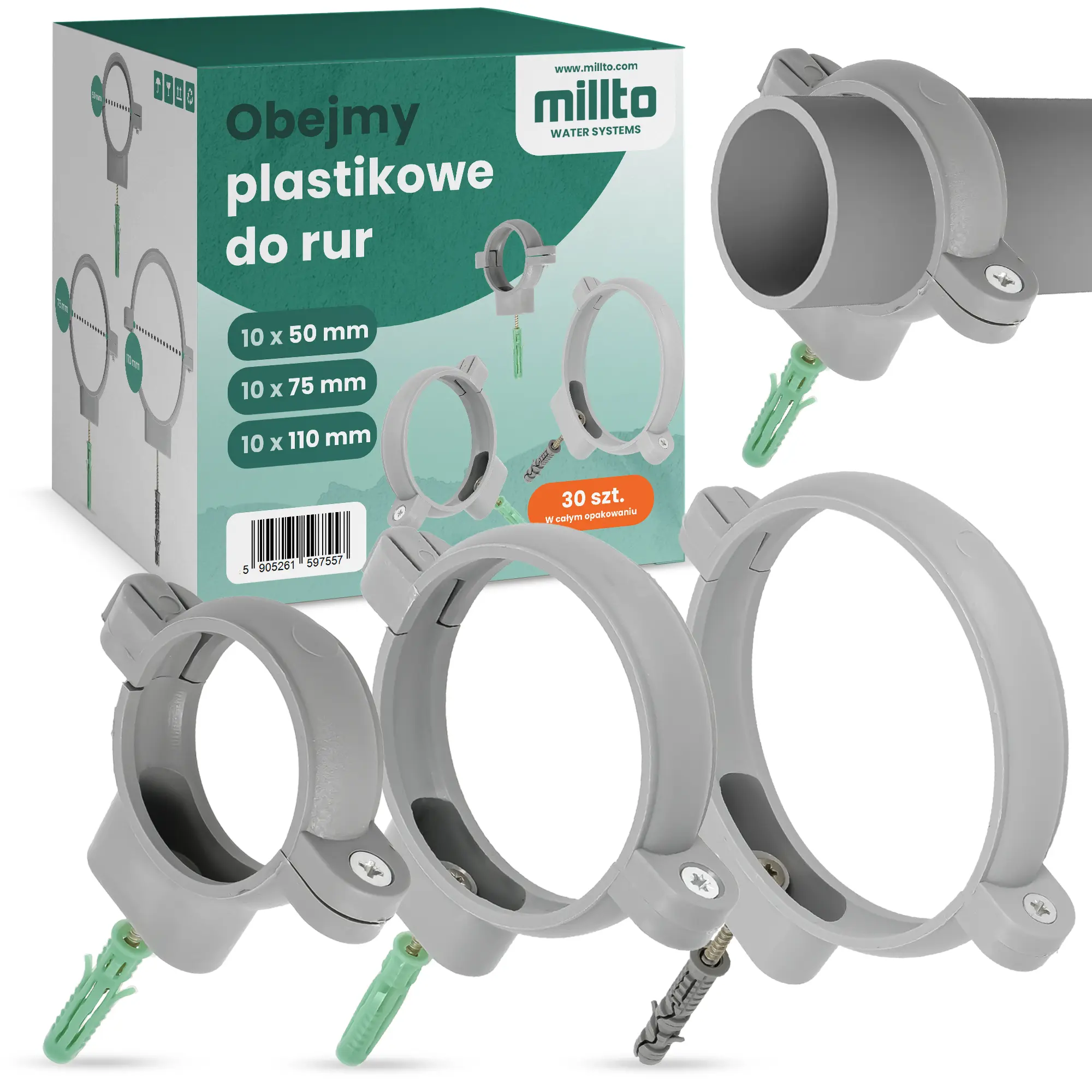 Obejmy plastikowe do rur 50 mm 75 mm 110 mm 3 x 10 szt.