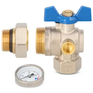 Zawór kulowy kątowy motylkowy z dławikiem, termometrem 10 bar 1'' GW x 1 1/4'' GZ i śrubunkiem 1 1/4'' GW x 1'' GZ niebieski