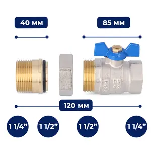 Zawór kulowy motylkowy z dławikiem 30 bar 1 1/4'' GW x 1 1/2'' GZ i śrubunkiem 1 1/2'' GW x 1 1/4'' GZ