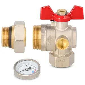 Zawór kulowy kątowy motylkowy z dławikiem, termometrem 10 bar 1'' GW x 1 1/4'' GZ i śrubunkiem 1 1/4'' GW x 1'' GZ niebieski