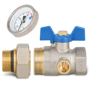 Zawór kulowy motylkowy z dławikiem, termometrem 10 bar 1'' GW x 1 1/4'' GZ i śrubunkiem 1 1/4'' GW x 1'' GZ niebieski