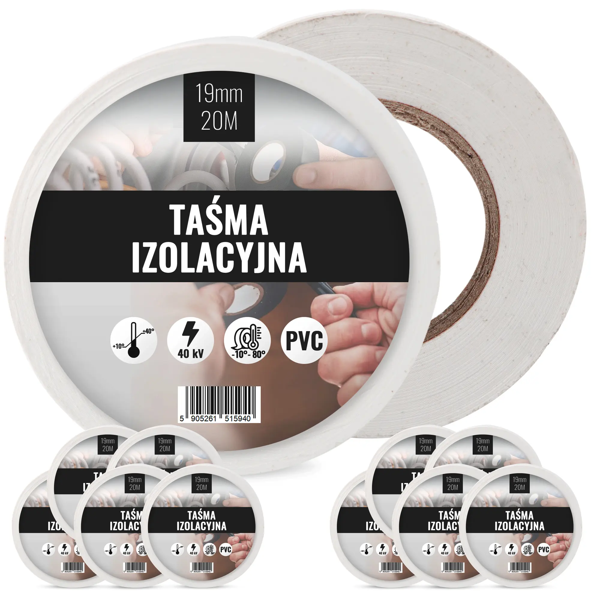 Taśma izolacyjna 19 mm x 20 m biały 10 szt.