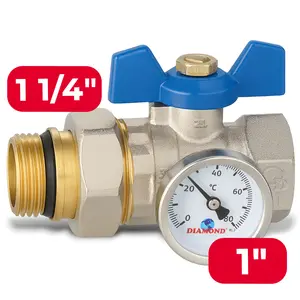 Zawór kulowy motylkowy z dławikiem, termometrem 10 bar 1'' GW x 1 1/4'' GZ i śrubunkiem 1 1/4'' GW x 1'' GZ niebieski