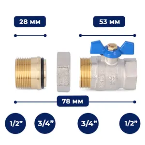 Zawór kulowy motylkowy z dławikiem 30 bar 1/2'' GW x 3/4'' GZ i śrubunkiem 3/4'' GW x 1/2'' GZ