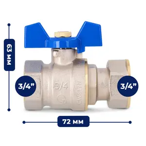 Zawór kulowy motylkowy z dławikiem 10 bar i półśrubunkiem 3/4'' GW x 3/4'' GW