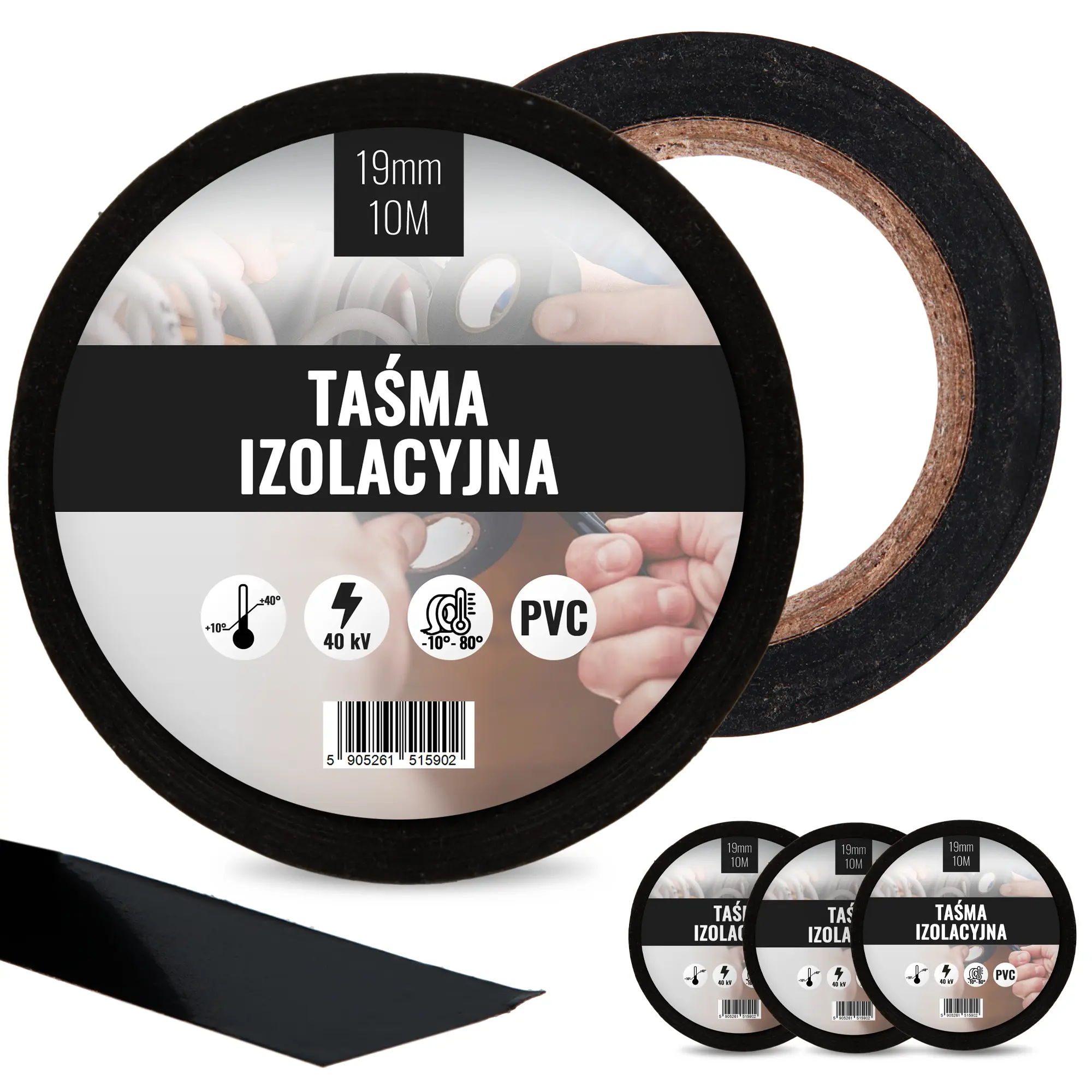 Taśma izolacyjna 19 mm x 10 m czarny 3 szt.