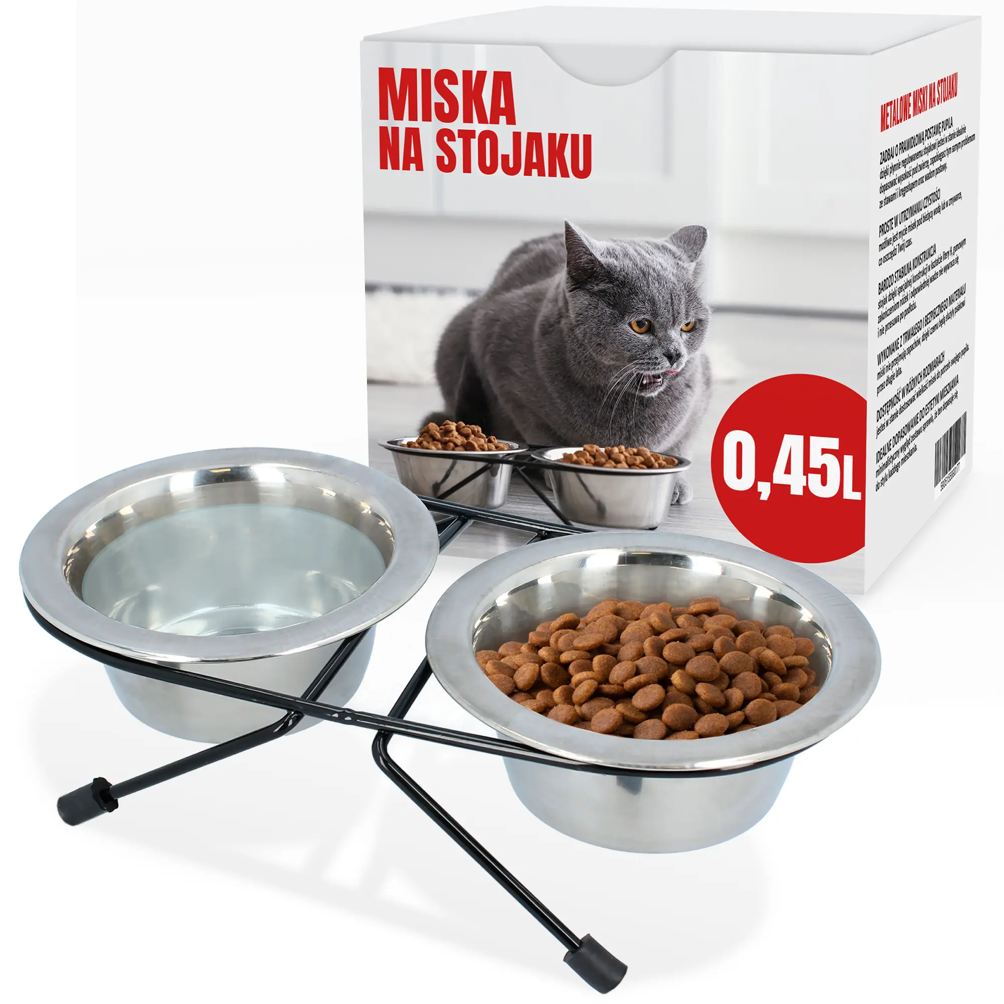 Metalowe miski na stojaku 2 x 0,45 l