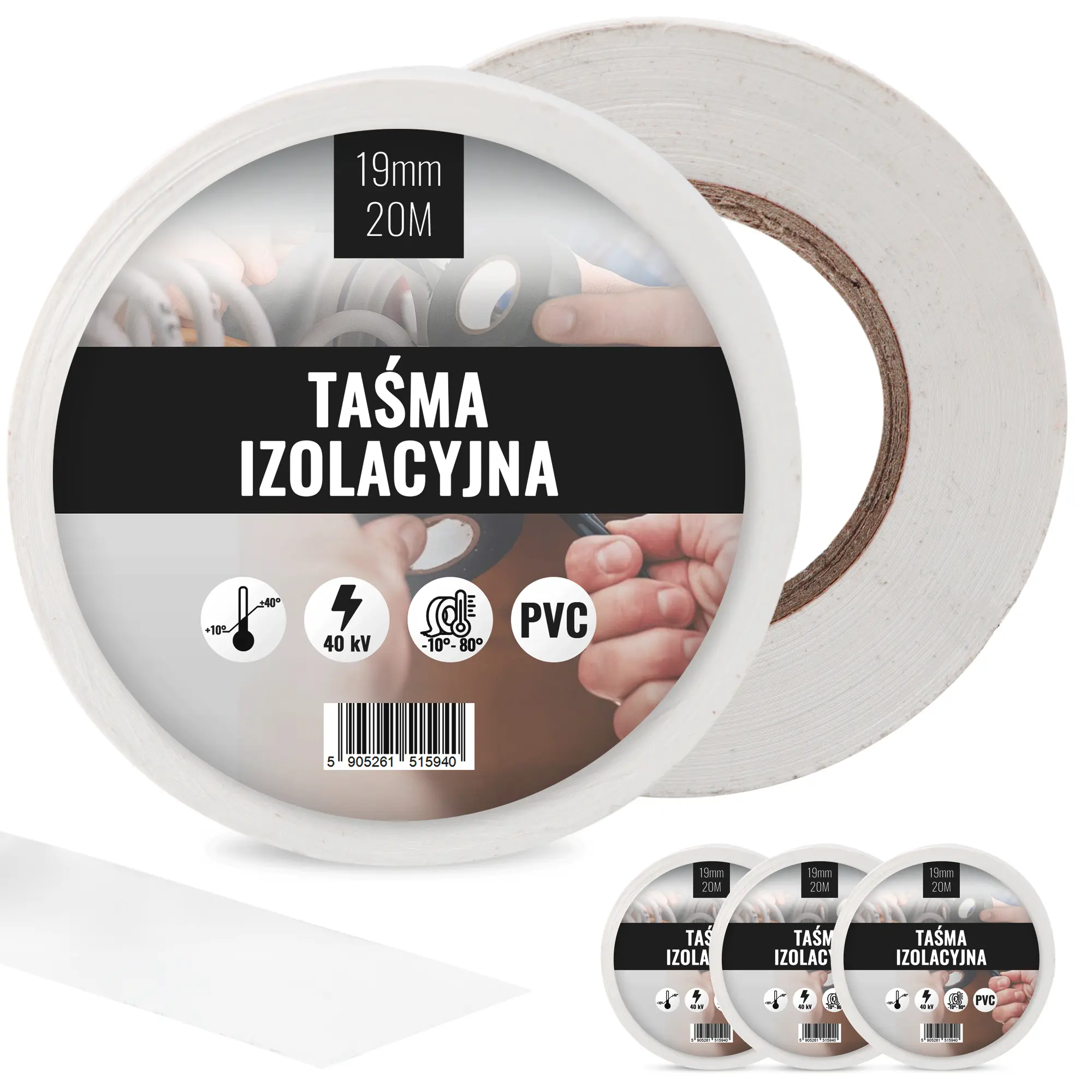 Taśma izolacyjna 19 mm x 20 m biały 3 szt.