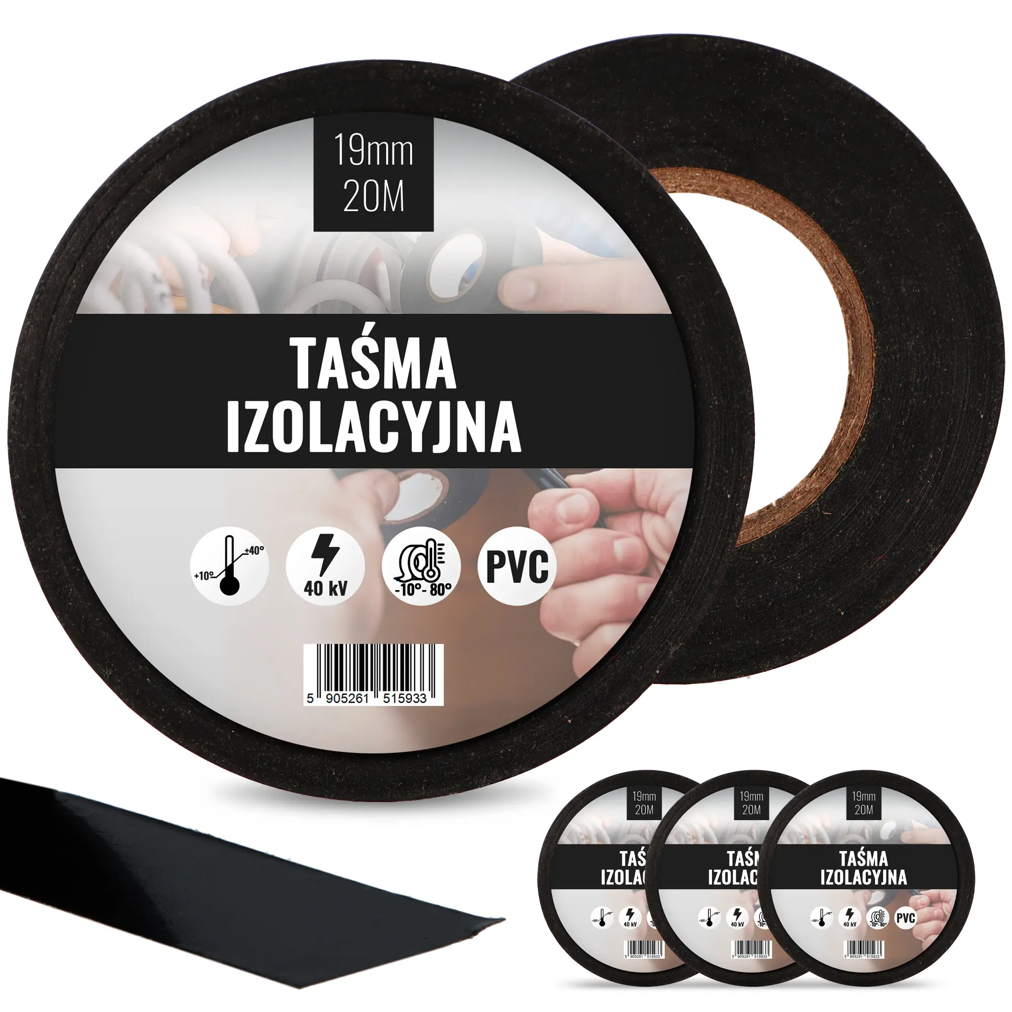 Taśma izolacyjna 19 mm x 20 m czarny 3 szt.