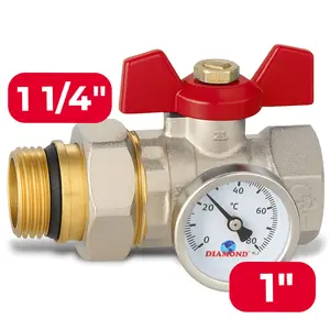 Zawór kulowy motylkowy z dławikiem, termometrem 10 bar 1'' GW x 1 1/4'' GZ i śrubunkiem 1 1/4'' GW x 1'' GZ czerwony
