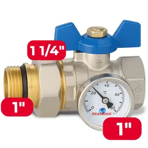 Zawór kulowy motylkowy z dławikiem, termometrem 10 bar 1'' GW x 1 1/4'' GZ i śrubunkiem 1 1/4'' GW x 1'' GZ niebieski