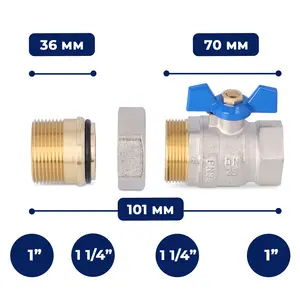 Zawór kulowy motylkowy z dławikiem 30 bar 1'' GW x 1 1/4'' GZ i śrubunkiem 1 1/4'' GW x 1'' GZ