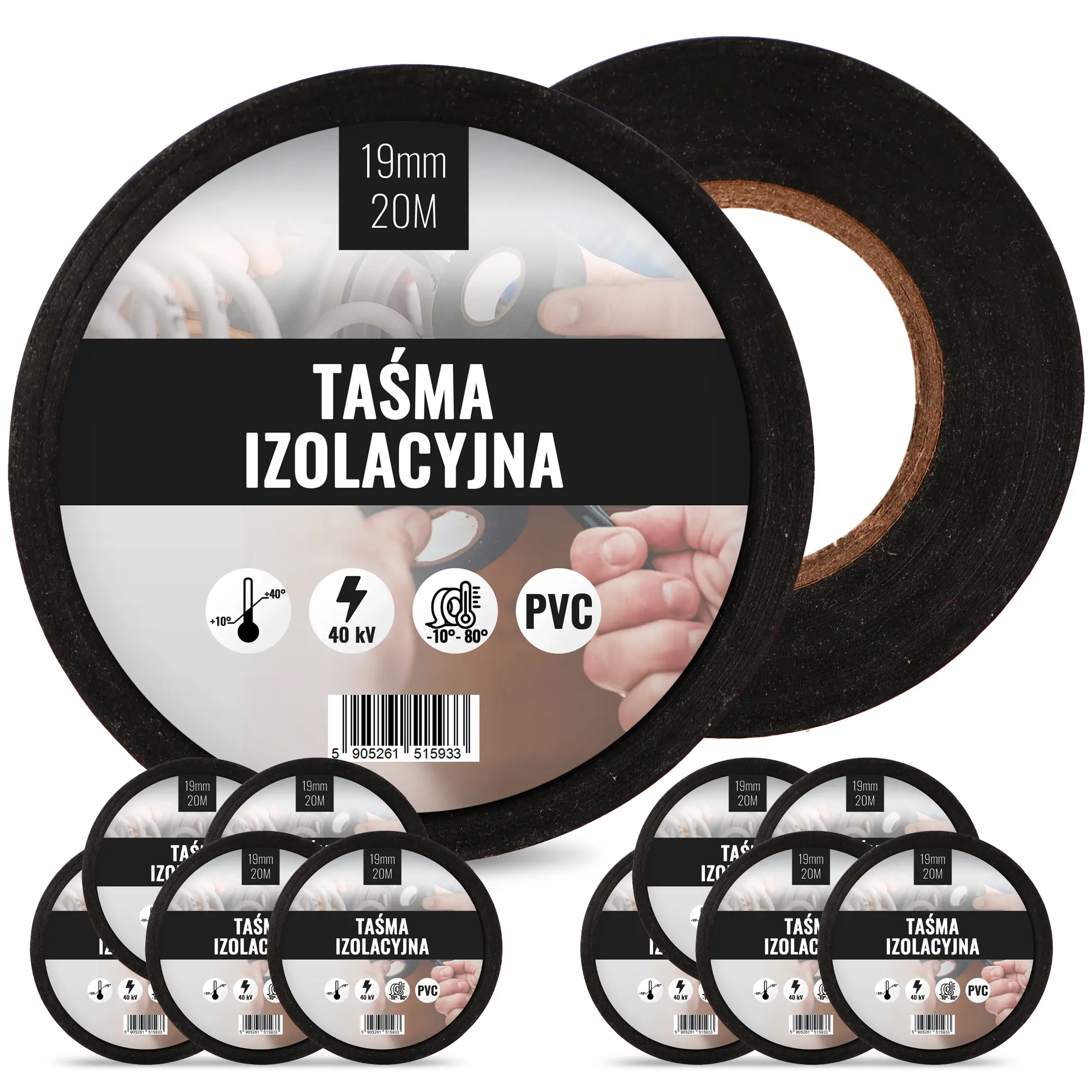 Taśma izolacyjna 19 mm x 20 m czarny 10 szt.