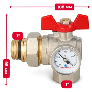 Zawór kulowy kątowy motylkowy z dławikiem, termometrem 10 bar 1'' GW x 1 1/4'' GZ i śrubunkiem 1 1/4'' GW x 1'' GZ niebieski