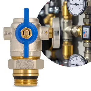 Zawór kulowy kątowy motylkowy z dławikiem, termometrem 10 bar 1'' GW x 1 1/4'' GZ i śrubunkiem 1 1/4'' GW x 1'' GZ niebieski