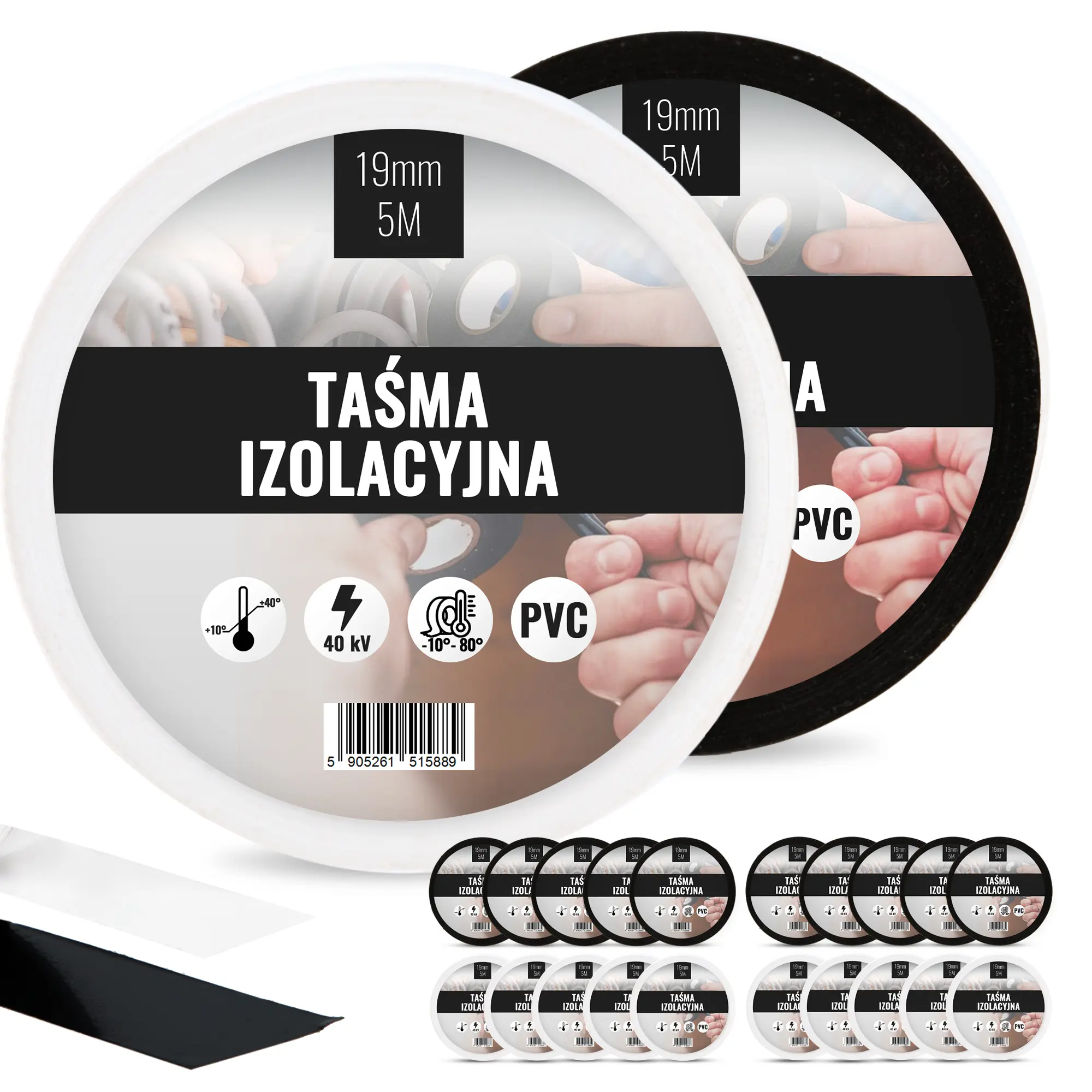 Taśma izolacyjna 19 mm x 5 m biały 10 szt., czarny 10 szt.